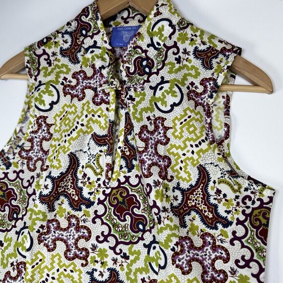 Pine Cone Hill Sleeveless Top Small Green Burgundy Knot Collar Boho Indie Cotton - Picture 4 of 9